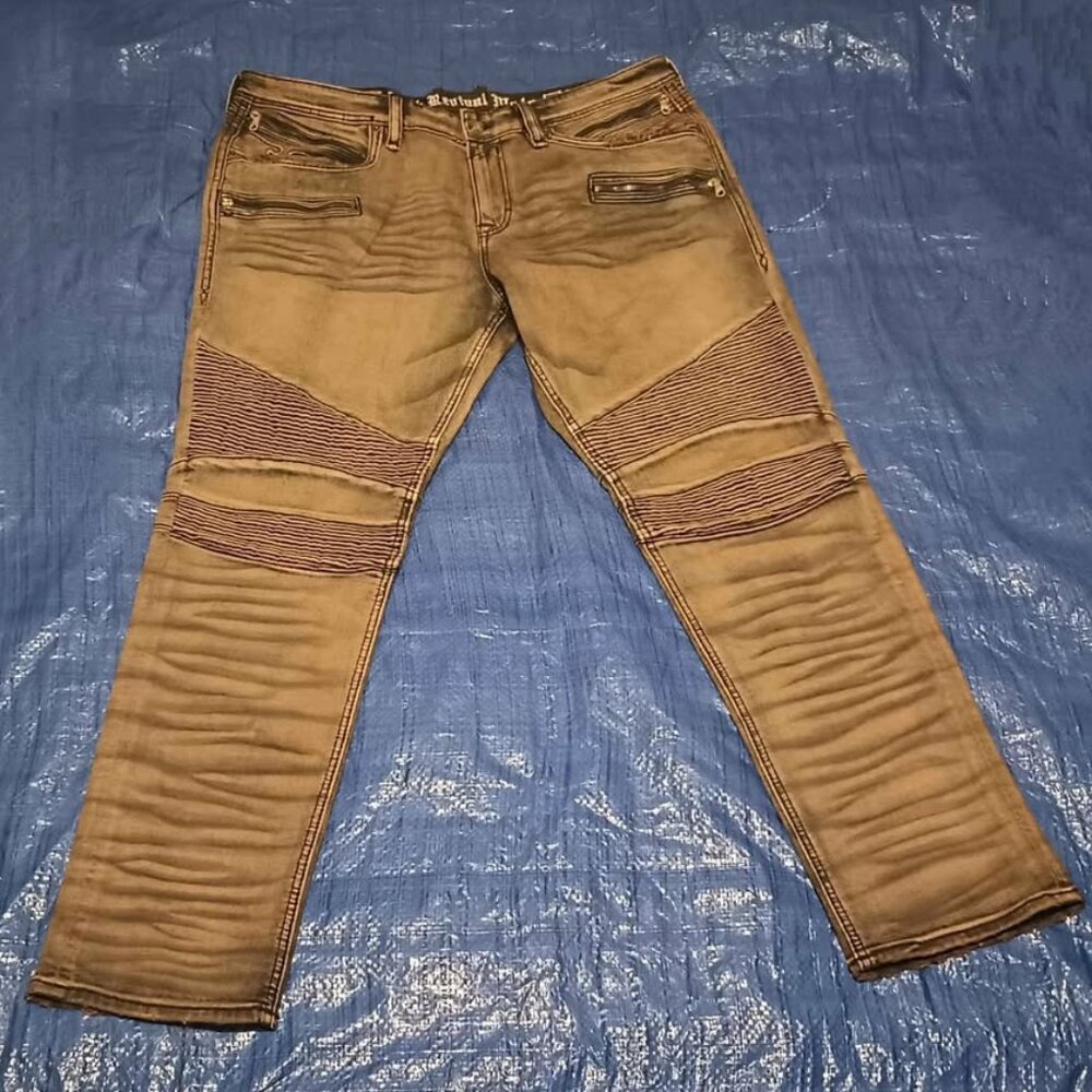 Rock Revival Moto Biker Tapered Faded Tan Leg Jeans “Elliot” Great Condition